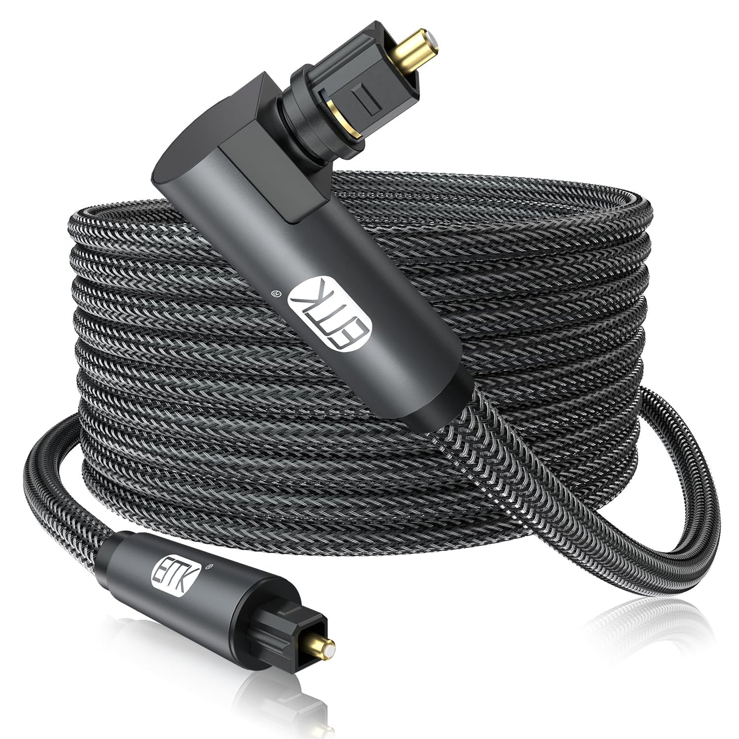 EMK 90 Degree Toslink Optical Cable 360 Degree Free-Rotating Plug Fiber Optic Cable S/PDIF Toslink Male to Male for Home Theater, Sound Bar, TV, PS4, Xbox,Grey (25ft/7.6m)