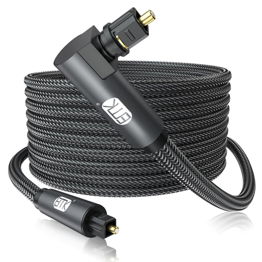 EMK 90 Degree Toslink Optical Cable 360 Degree Free-Rotating Plug Fiber Optic Cable S/PDIF Toslink Male to Male for Home Theater, Sound Bar, TV, PS4, Xbox,Grey (25ft/7.6m)