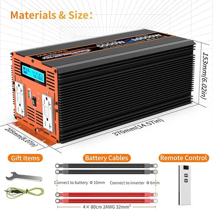 5000W Pure Sine Wave Power Inverter 12V DC to 110V 120V Converter for Family RV Off Grid Solar System Emergency Power Supply, Type-C Port 4 GFCI AC Outlet Dual USB Remote Control and LCD Display