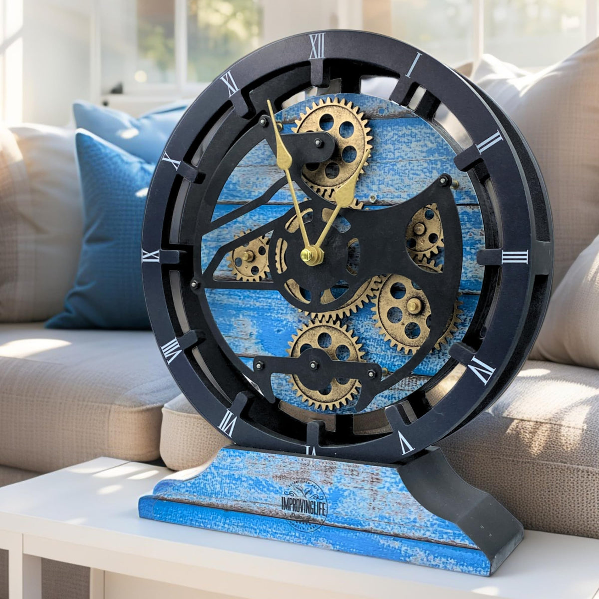 ImprovingLife The Gears Clock Desk Clock 10 inches with Real Moving Gears Convertible into Wall Clock (Silver Glamour)