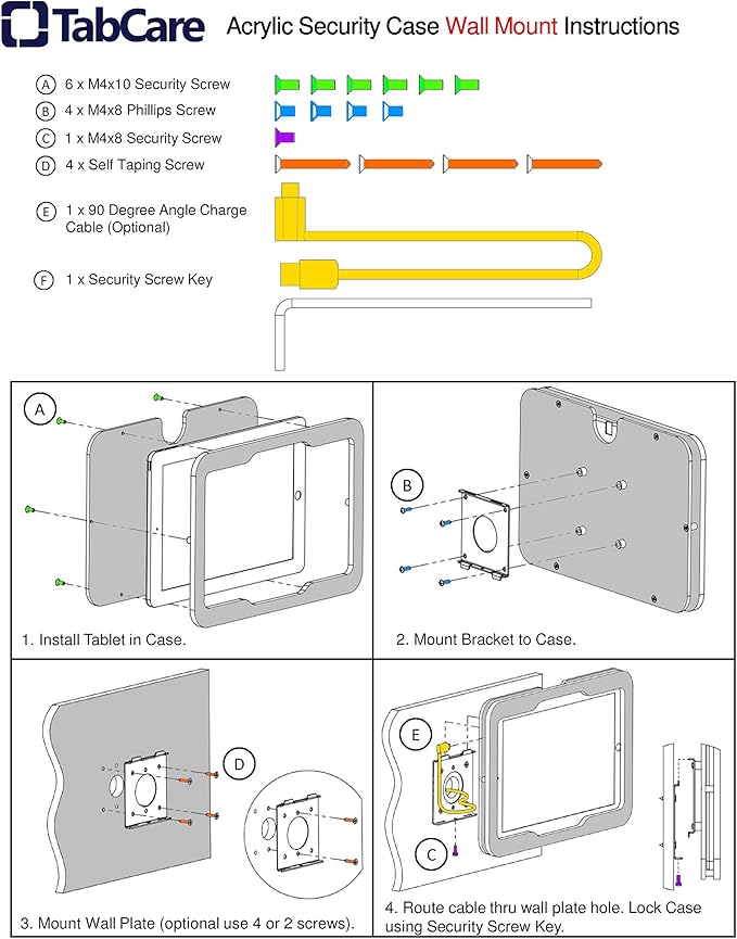TABcare Anti-Theft Acrylic VESA Enclosure for Apple iPad 2/3/4 9.7" with Free Wall Mount Kit & 90-Degree Angle Charge Cable (iPad 2/3/4 9.7", White)