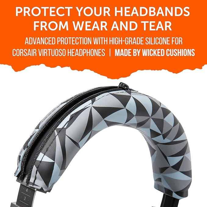 WC BandZ Virtuoso V2 - Silicone Headband Cover for Corsair Virtuoso Headphones by Wicked Cushions | Machine Washable, No More Flaking Leather | for Virtuoso Wireless, XT, and SE | Geo Grey