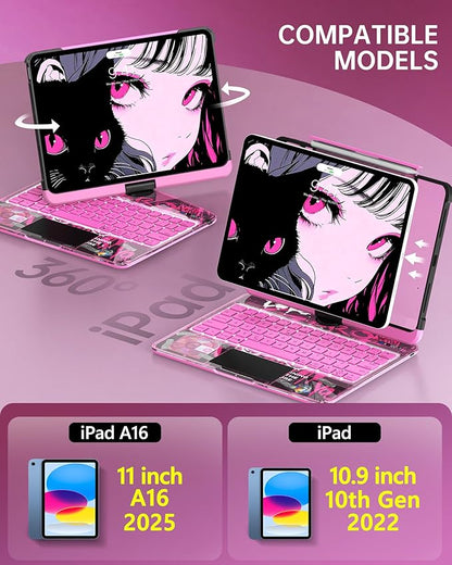 Intermerge Clear iPad A16 11th (2025) & 10th Generation 10.9" Case with Keyboard, 360° Transparent Multi-Touch Trackpad, 7-Color RGB Keyboard, Pencil Holder, Type-C, Power Indicator, Blush Pulse
