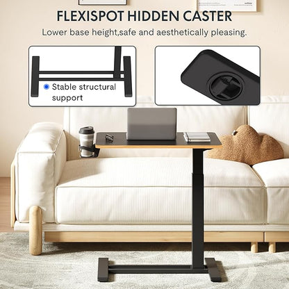 FLEXISPOT Mobile Standing Desk with Wheels Pneumatic Laptop Desk Rolling Computer Cart Movable Height Adjustable Small Sit Stand Desk Computer Workstations Home Use（31.5" W x 17.7" D, Black+Maple