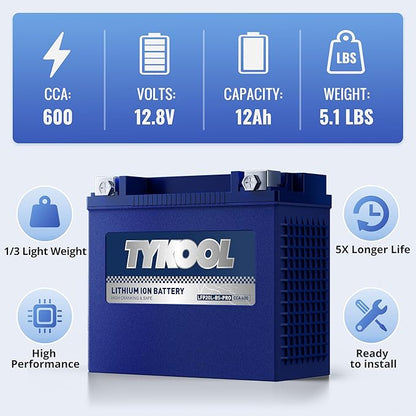TYKOOL YTX20L-BS/YTX20HL/YB16CL-B High Performance LiFePO4 Lithium Motorcycle Battery,12V 12Ah, 600CCA,Digital Readout, Fits for ATV,UTV,Jet Ski,PWC,Snowmobile, Quad,Riding Lawn Mower, tractor