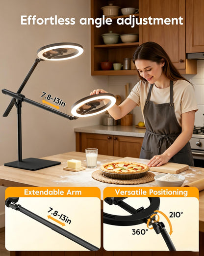 LUXSURE 10" Overhead Ring Light for Desk with Weighted Base, Freestanding Telescopic Phone Mount, Phone Stand with Light & Remote for Video Recording, Cooking, Crafts, Live Streaming