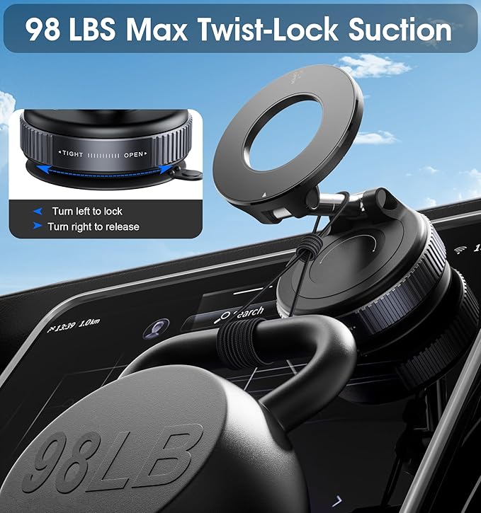 2026 Upgraded Vacuum Magnetic Car Phone Holder 360° Reinforced 96LBS Ultra Suction Cup Phone Mount for MagSafe Cell Phone Holders for Your Car/Gym/Mirror Mount for iPhone & Android