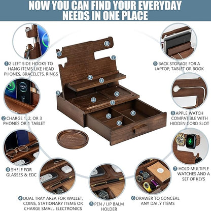 Wood Phone Docking Station for up to 3 Phones - Nightstand Organizer with Drawer for Valuables for Men & Women, Compatible with Apple Watch, Holds Phones, Tablets, Keys, Rings, Glasses, Watches & EDC