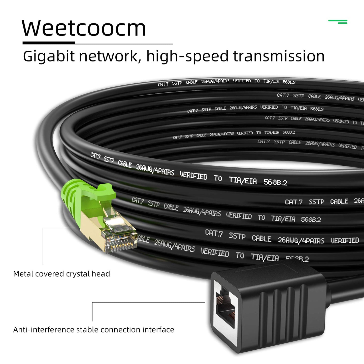 Weetcoocm Ethernet Extension Cable 3ft, Network Cat6a Extension Patch Cable RJ45 Cords Shielded Male to Female Connector (3FT)