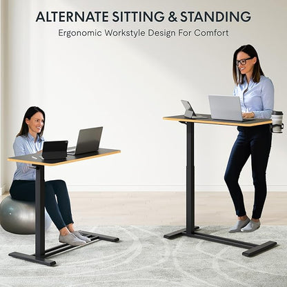 FLEXISPOT Mobile Standing Desk with Wheels Pneumatic Laptop Desk Rolling Computer Cart Movable Height Adjustable Small Sit Stand Desk Computer Workstations Home Use（27.6" W x 15.7" D, Black+Maple