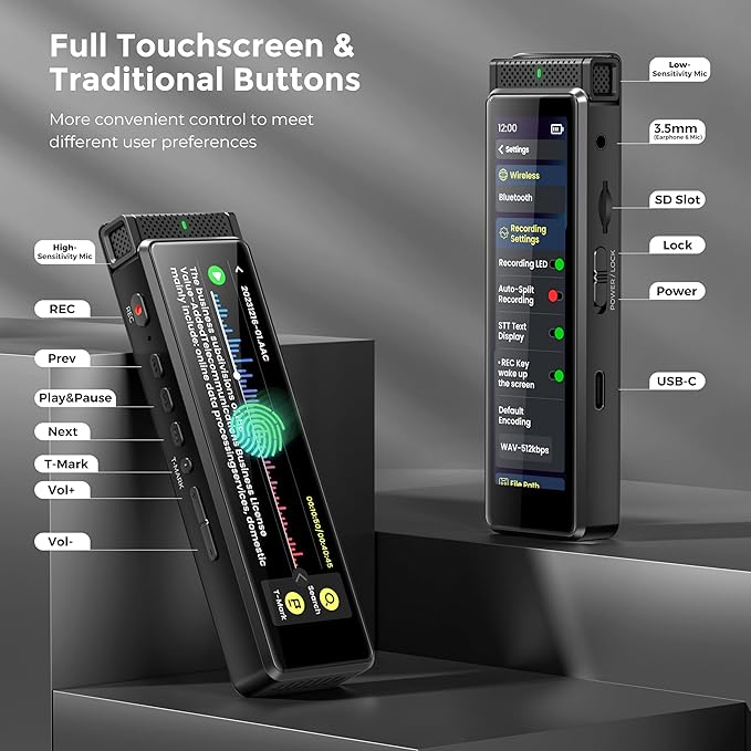 136GB Digital Voice Recorder with Playback, Innioasis R1 Full Touchscreen Voice Recorder with Bluetooth, Voice Activated Sound Audio Recorder Device with Mic (Black)