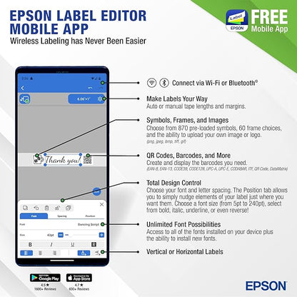 LABELWORKS Epson LW-C410PX Portable Bluetooth Label Machine Printer for Home and Office – Efficient, Create Sticker Labels for Crafts and Organization, Designer Tape Supported, App Compatible