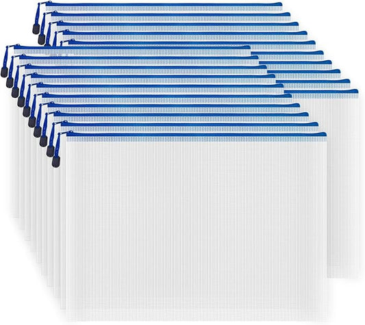 AUSTARK 20pcs Mesh Zipper Pouch Bags, Multipurpose Waterproof Organization Storage Bag for Office School Home Travel (A3 Size 16.9''x12'', White and Blue)