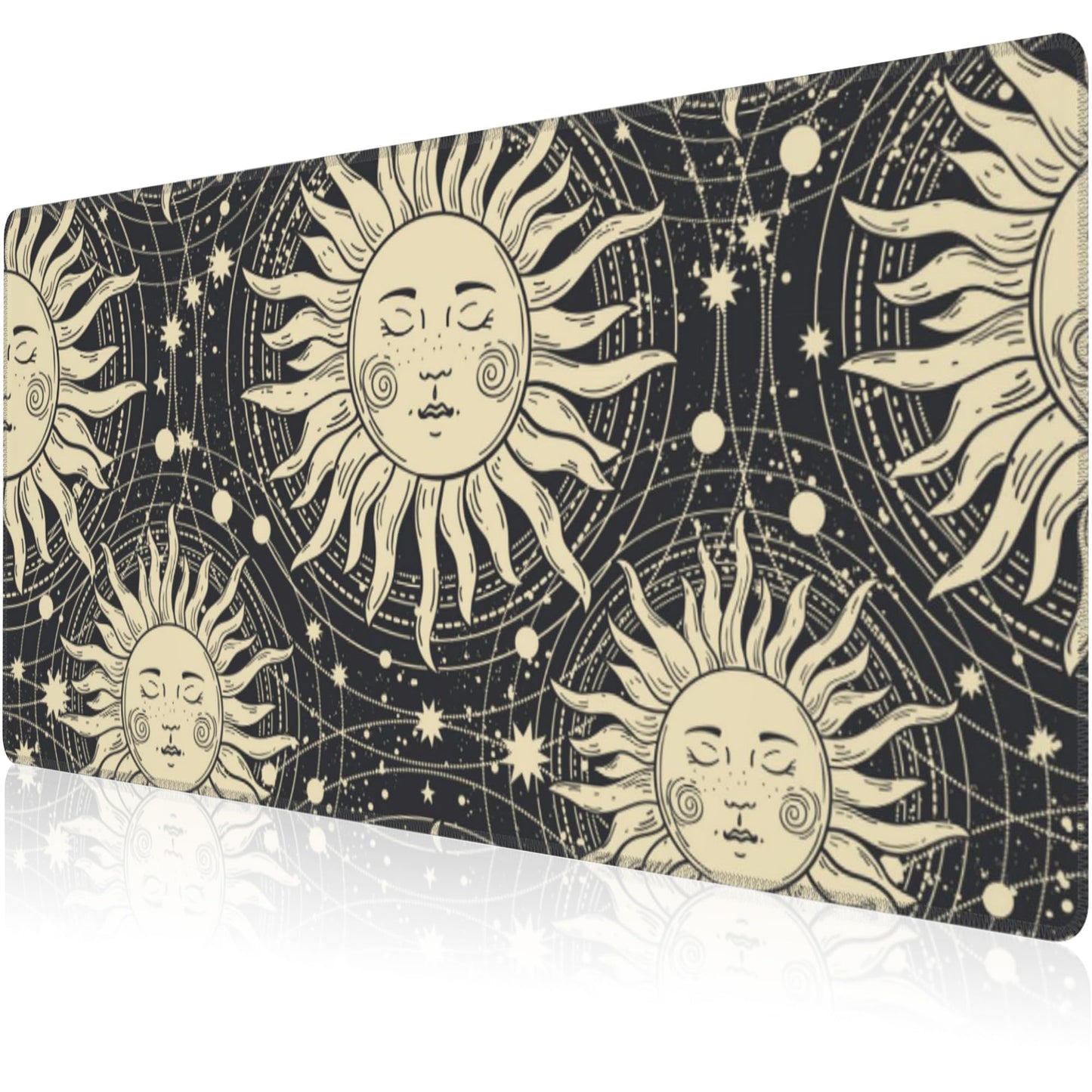 Mouse Pad, Large Golden Sun with a Face and Orbits Desk Mat, Extended Non-Slip Gaming Keyboard Mousepad Desk Pad, Thick Stitched Edges Waterproof Mouse Mat 31.5"x15.7" (Boho Pattern)