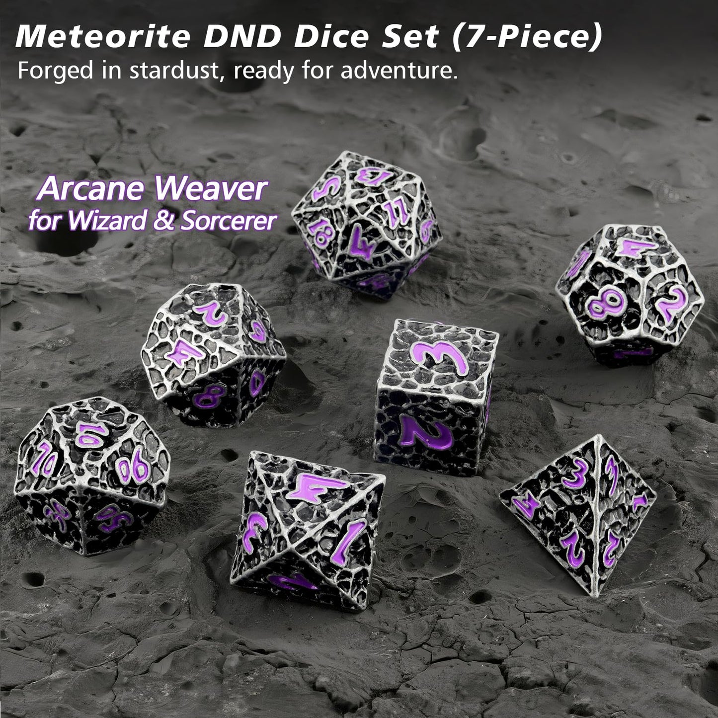 PJOY Metal Dice Set D&D for Dungeons and Dragons Dice with Case Meteorite Iron Purple 7PCS 16mm Role Playing Cool DND Gifts for Players DM Board Game Masters Wizards