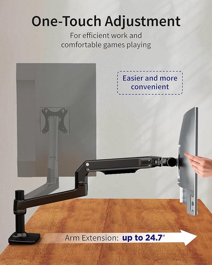 Single Monitor Arm Desk Mount, Holds Screens up to 40 Inches and 25 lbs, Fully Adjustable Vesa Monitor Mount with C-Clamp and Grommet Base, Aluminum, Black