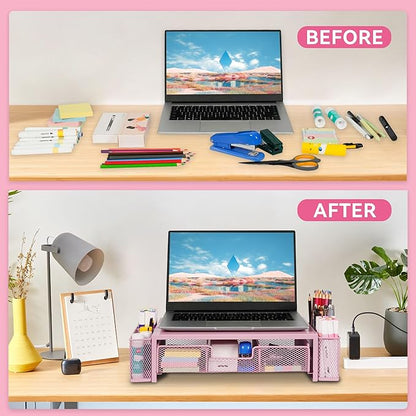 Computer Monitor Stand Riser with Drawer and Pen Holders, Desk Organizer Shelf and Accessories, Office Desk Accessories, Office Organization, Pink