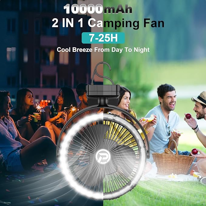 8-Inch Portable Camping Fan with Light, 10000mAh Rechargeable Battery Operated, 3 Speeds Cordless Clip on Table Fan with Hook & Light for Golf Cart Camping Tent Travel Jobsite Hurricane Power Outage