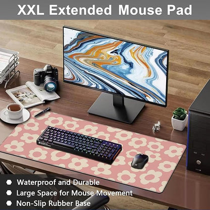 Mouse Pad, Large Pink Groovy Flowers Desk Mat, Extended Non-Slip Gaming Keyboard Mousepad Desk Pad, Thick Stitched Edges Waterproof Mouse Mat 31.5"x15.7" (Vintage Floral)