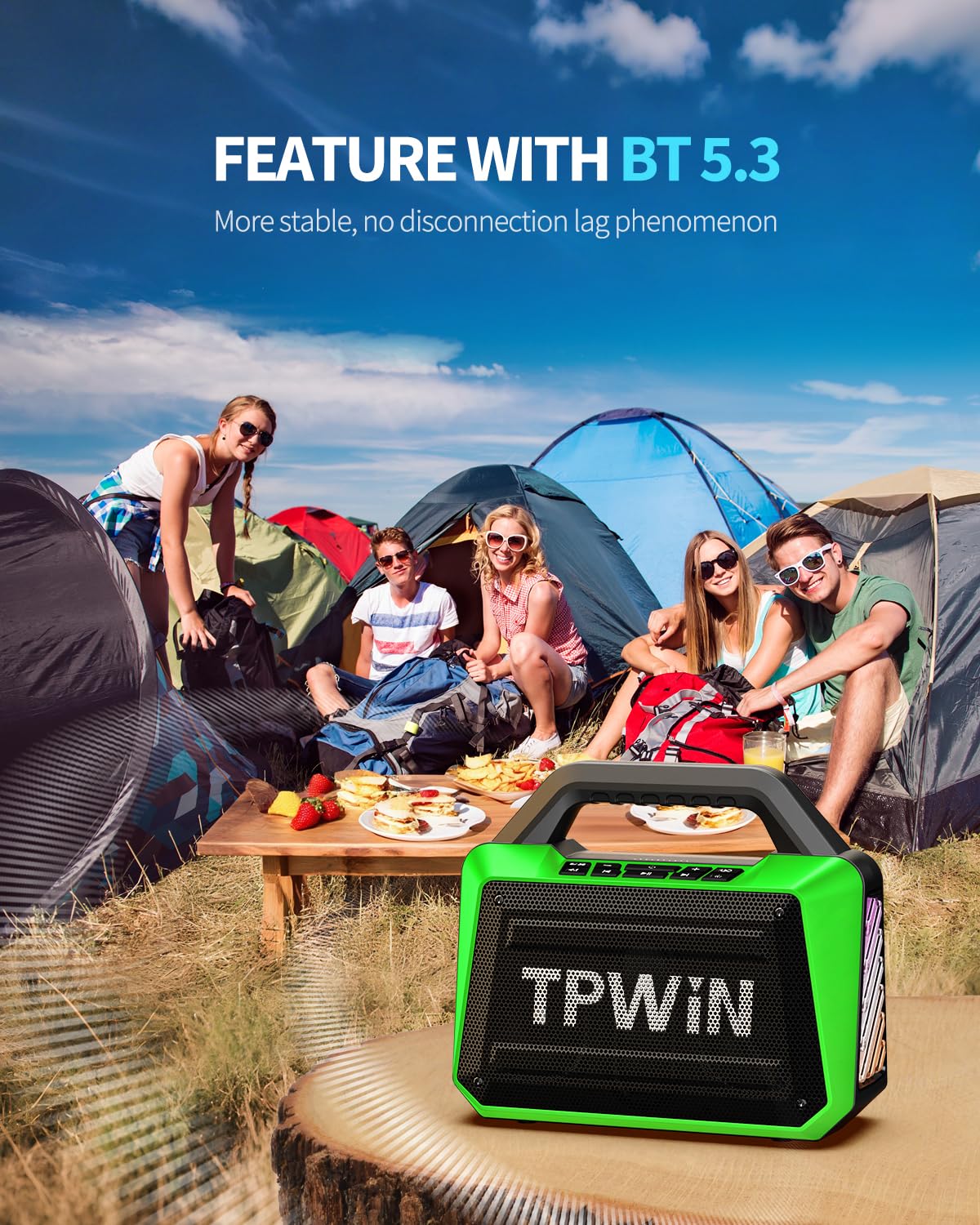 TPWIN Bluetooth Speaker - 80W Loud Rugged Outdoor Speakers, IPX6 Waterproof, 20H Playtime, Deep Bass, Lightshow, TWS, BT 5.3 Wireless, Portable for Travel Hiking Camping Beach Pool - Green