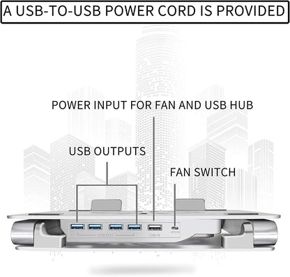 SOUNDANCE Laptop Cooling Pad with Low-Noise Fan and 3.0 USB Hubs, Ventilated Laptop Cooler Prevent Overheating, Ergonomic Laptop Stand Support Up to 17” Gaming Notebook Computer, Aluminum