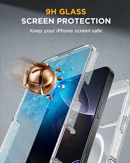 Miracase Magnetic for iPhone 16 Pro Case Full-Body Phone with Built-in Glass Screen Protector, [Compatible with MagSafe] Military Drop Proof 16 Pro Cover Bumper 6.3 inch, Clear Glitter