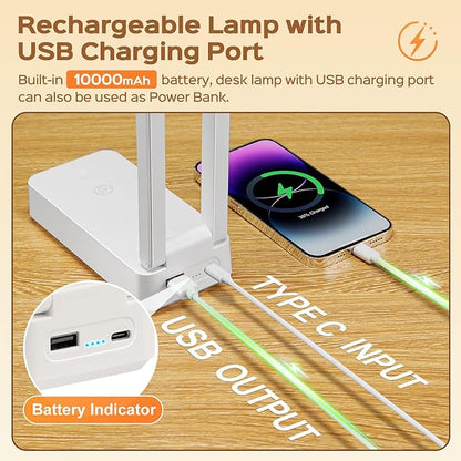 Small Desk Lamp,10000mAh Battery Operated Lamp,3 Colors+Dimmable Desk Light,LED Desk Lamp with USB Charging Port+Digital Clock+45min-Timer,Wireless & Portable Light,Desk Lamps for Home Office,Craft