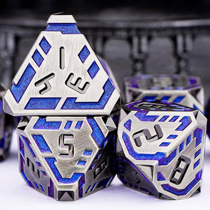 Metal DND Sci-fi Dice Set 7PCS Stripe Polyhedral Dice for Dungeons Dragons RPG Role Playing Game, Glitter D and D Dice with Gift Box D6 D8 D10 D12 D20 (Blue Purple&Grey)