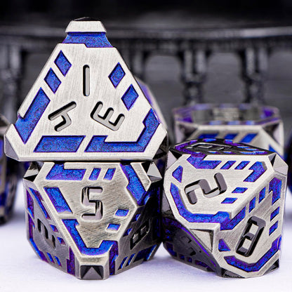 OGCOPHEN Metal DND Sci-fi Dice Set 7PCS Stripe Polyhedral Dice for Dungeons Dragons RPG Role Playing Game, Glitter D and D Dice with Gift Box D6 D8 D10 D12 D20 (Blue Purple&Grey)