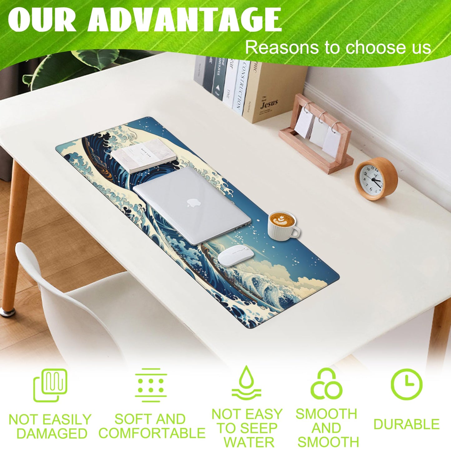 Eflxamz Desk Mat,Blue Japanese Sea Wave Desk Pad,Japanese Sea Wave Large Gaming Mouse Pad for Desk,Extended Big Computer Keyboard Mouse Pad with Non-Slip Base and Stitched Edge,31.5"x11.8"