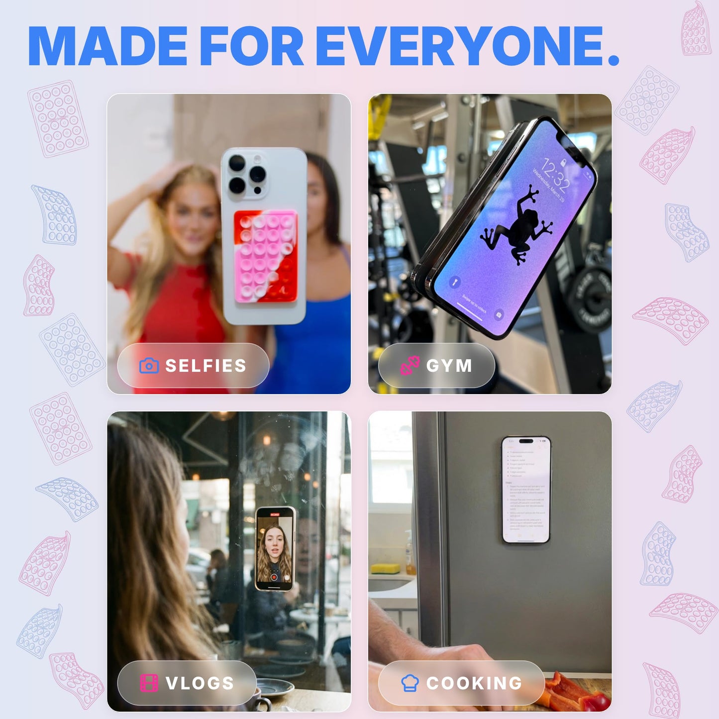 StickyGrippy Suction Phone Case Mount, Sillicon Adhesive Phone Accessory for iPhone and Android, Hands-Free Fidget Toy Mirror Shower Phone Holder, Tiktok Videos and Selfies (Translucent)