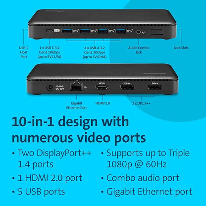 Kensington Triple Display USB-C Docking Station with 100W PD for Dell, HP, Lenovo, Acer, ASUS, Razer, Surface (Black)