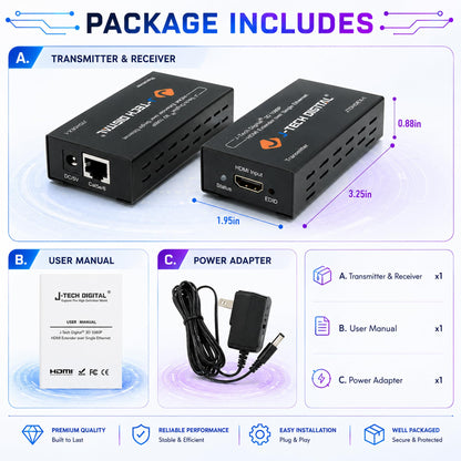 J-Tech Digital HDMI Extender over cat5e/6 1080P@200ft HDMI Balun Over Single Ethernet Supports EDID Copy Compatible with Dolby Digital DTS