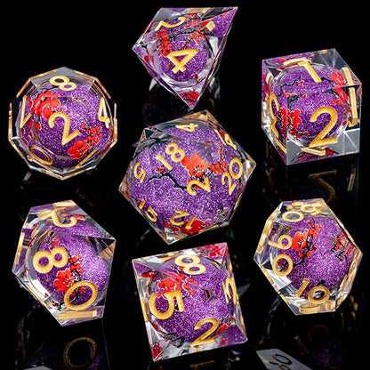ARUOHHA DND Resin Dice Plum Blossom Liquid Core Purple Sharp Edged Polyhedral Dragons Dice Set with Gift Box, Dungeons D and D Dice Role Playing Game D20 D12 D10 D8 D6 D4