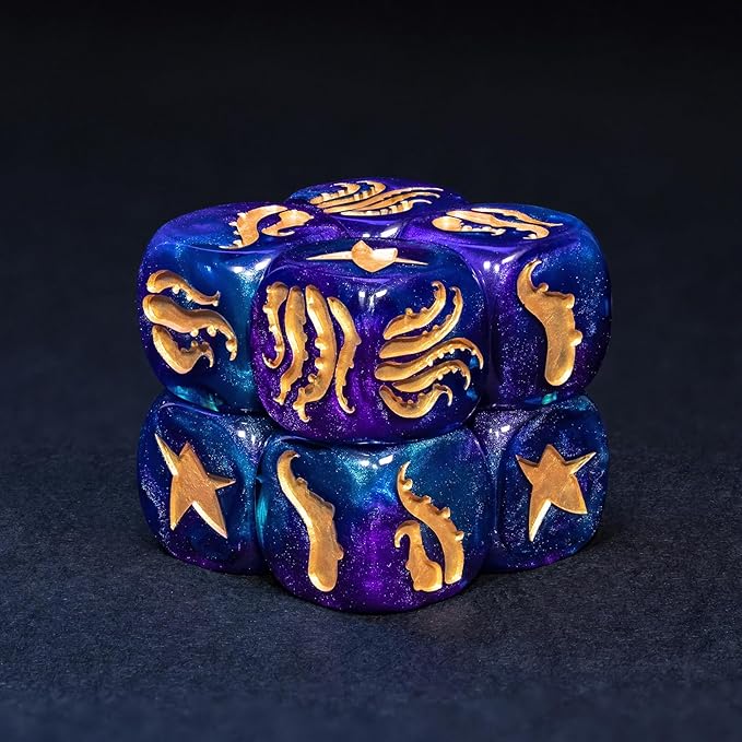 Cthulhu Tentacle Dice Set – 10 x D6 (16mm) Eldritch Horror Dice | Golden Elder Sign | Lovecraftian Resin Dice for DND, Warhammer, Call of Cthulhu & TTRPG