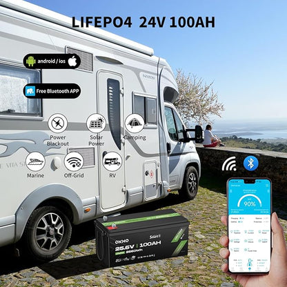 OKMO 24V 100Ah LiFePO4 Lithium Battery with Bluetooth for Marine, Trolling Motor, RV, 10 Years 15000+ Deep Cycles, 25.6V Iron Phosphate for Home Solar Energy Storage Off-Grid