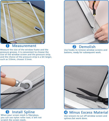 BAYTORY Window Screen Repair Kit, Nylon Roller Tool with Bearing, Spline Removal Hook and 32ft Retainer Spline Replacement for Installing Door Mesh Screens