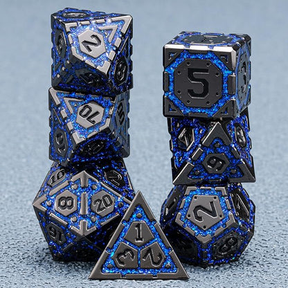 DND Metal Dice Set with Cracks, Polyhedral Dice for RPG D&D Dungeons and Dragons RPG TTRPG D and D 7-Die with Gift Case (Black Nickel Sapphire Blue)