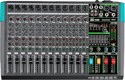 Depusheng MX12 12 Channel Sound Mixer Audio Mixing Console 48V 256DSP Professional USB PC Play Record Podcast Live Broadcast (US MX12)
