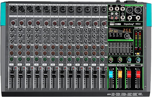 Depusheng MX12 12 Channel Sound Mixer Audio Mixing Console 48V 256DSP Professional USB PC Play Record Podcast Live Broadcast (US MX12)
