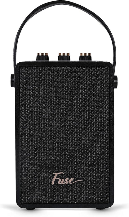 Fuse Andle Vintage Retro Bluetooth Speaker with Vegan Leather Handle | Portable Speaker with Smartphone Connection | USB & AUX Input | Stylish Black Wood Exterior