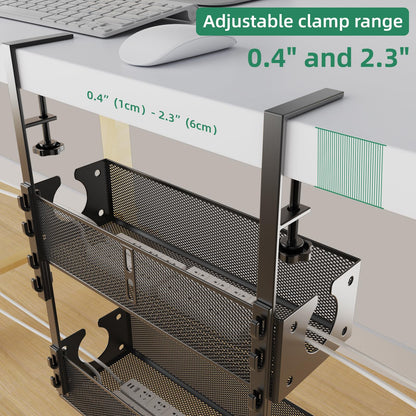 Multi-Model Under Desk Cable Management Tray 2 Packs Metal Under Desk Wire Management Clamp Mount Under Table Cord Management No Damage The Desk (Black)