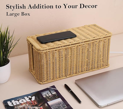 2Pack Large Cable Management Box, Handwoven Imitation Rattan Cord Organizer Cord Hider Box, Cable Organizer Box for Desk, Cord Management Box to Hide Cords and Power Strips