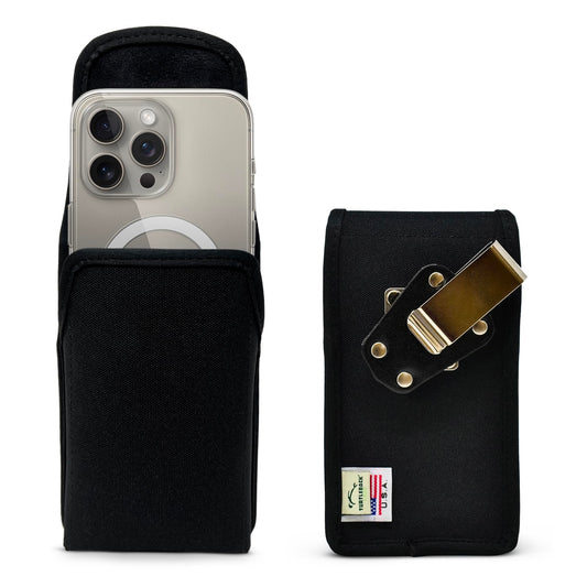 Turtleback Belt Holder for iPhone 16 Pro, 16e, 15 pro 14 Pro 13 Pro -Small- Fits w/Slim MagSafe Style Cases, Premium Black Leather Horiz. Belt Holster, Magnetic Closure, Leather Wrapped Belt Clip