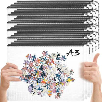 24pcs Mesh Zipper Pouch Puzzle Storage Bags A3 17x12 Inches Large File Bags Black Reusable Zipper Pouches for Organizing, Classroom Board Game Organization