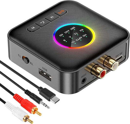 Upgrade Bluetooth 5.2 Transmitter Receiver aptX Adaptive/Low Latency/HD Bluetooth Adapter Support 2 AirPods Headphones, Wireless HiFi Audio Receiver with AUX RCA USB for TV/Car/PC/Home Stereo/Speakers