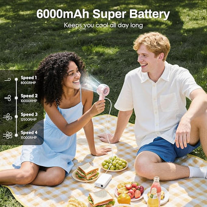 Misting Portable Handheld Fan, Powerful Turbo Motor, 6000mAh Rechargeable Battery, Personal Mini Fans with 4 Strong Wind, Cooling Gadgets for Travel, Camping, Beach, Outdoor, Gifts for Women Men-Pink