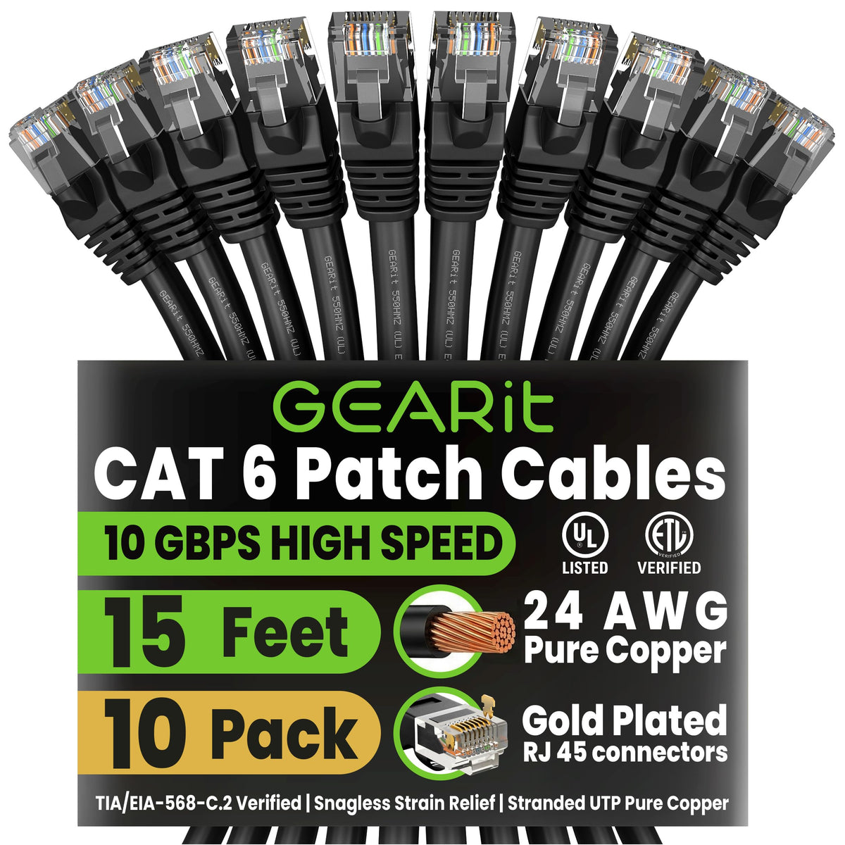 GEARit Cat6 Patch Cables Cat 6 Ethernet Cable 6 ft 10-Pack Green