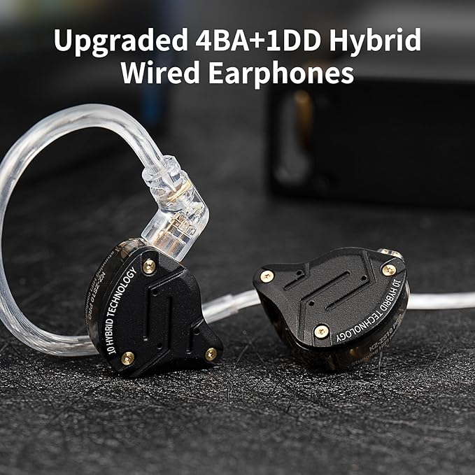 KZ ZS10 Pro Gaming Earbuds, 4BA 1DD Gaming Wired Earbuds with Mic, IEM Headphone Multi Driver HiFi Monitor Headphones, KZ in Ear Earphoner with 2PIN IEM Cable, All in One Button (Black with Mic)
