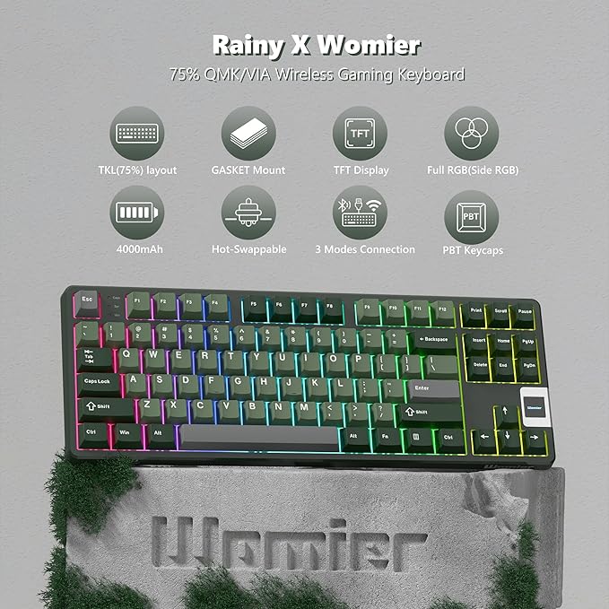QK87 75% Keyboard with Multimedia Screen, QMK/VIA Wireless Gaming Keyboard, Creamy Mechanical Key Board,3-Mode RGB Custom Gasket Hot Swappable for Windows&Mac, POM Linear Switch-Gray Green